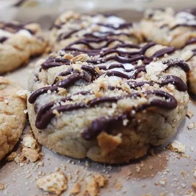 A chocolate-drizzled cookie topped with crumbs and toasted marshmallow